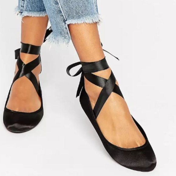 Asos Ribbon Ballerina Flats Sz 5 Black Satin Wrap Around Ankle Tie Ballet Shoes - Picture 1 of 11